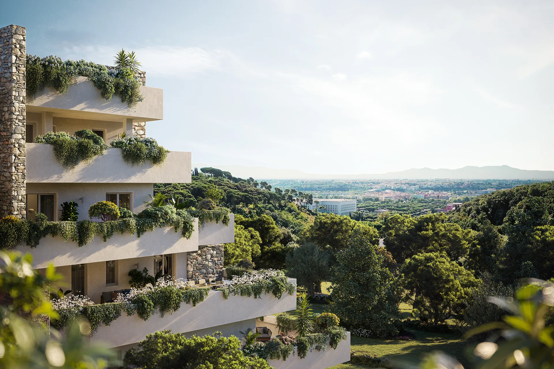 L'architettura terrazzata di Lynfa Living si integra perfettamente con il verde circostante, creando un ambiente residenziale esclusivo. 
