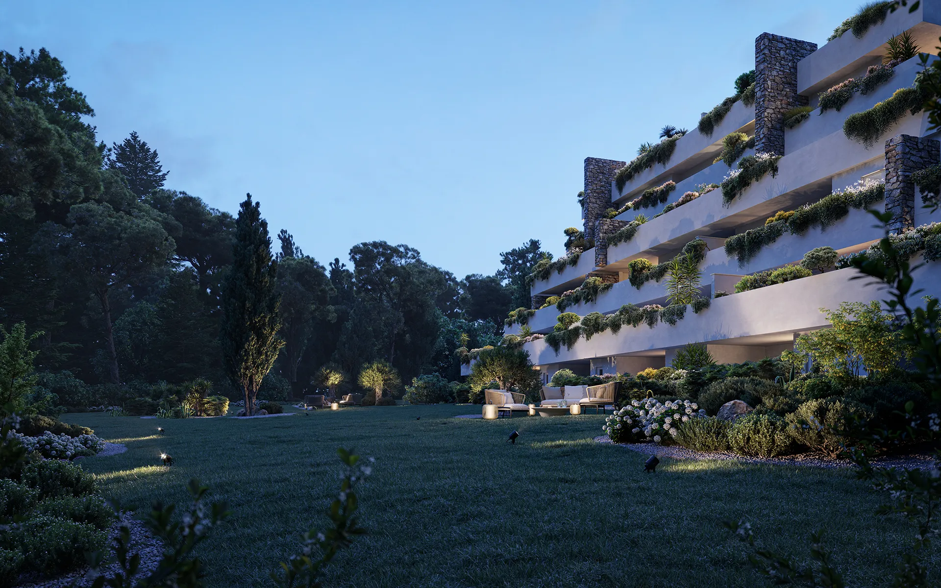 Gli spazi esterni di Lynfa Living illuminati di notte, dove ogni angolo diventa un rifugio di tranquillità e bellezza.